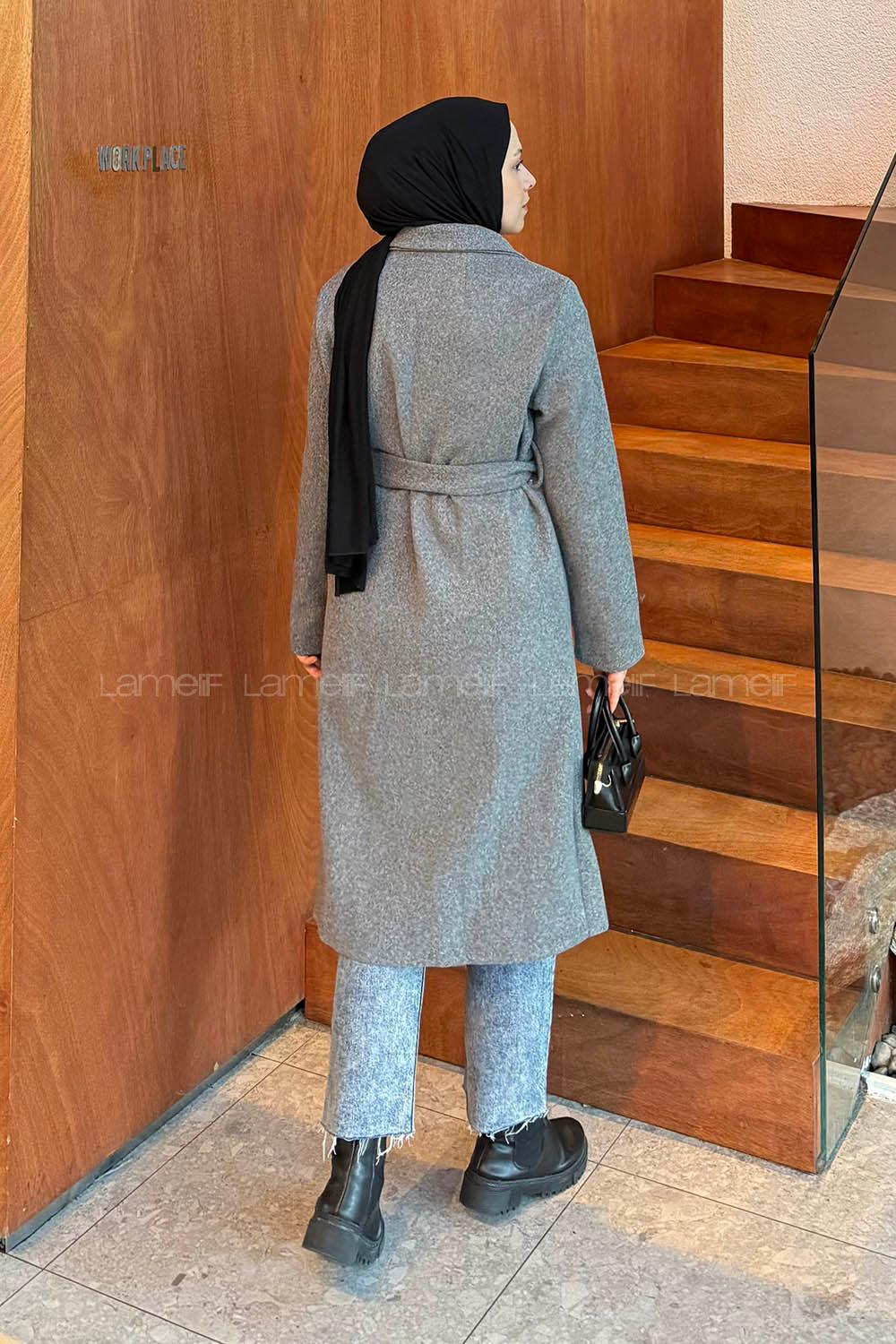 Modalamelif Kuşak Bağlama Detaylı Kaşe Kaban Gri