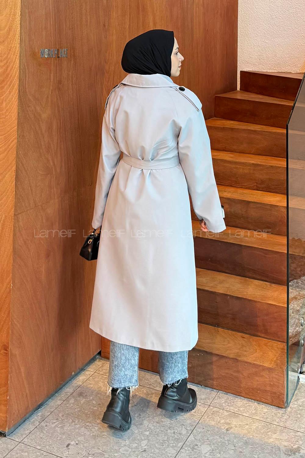 Lamelif Reglan Kol Düğmeli Trenç Gri