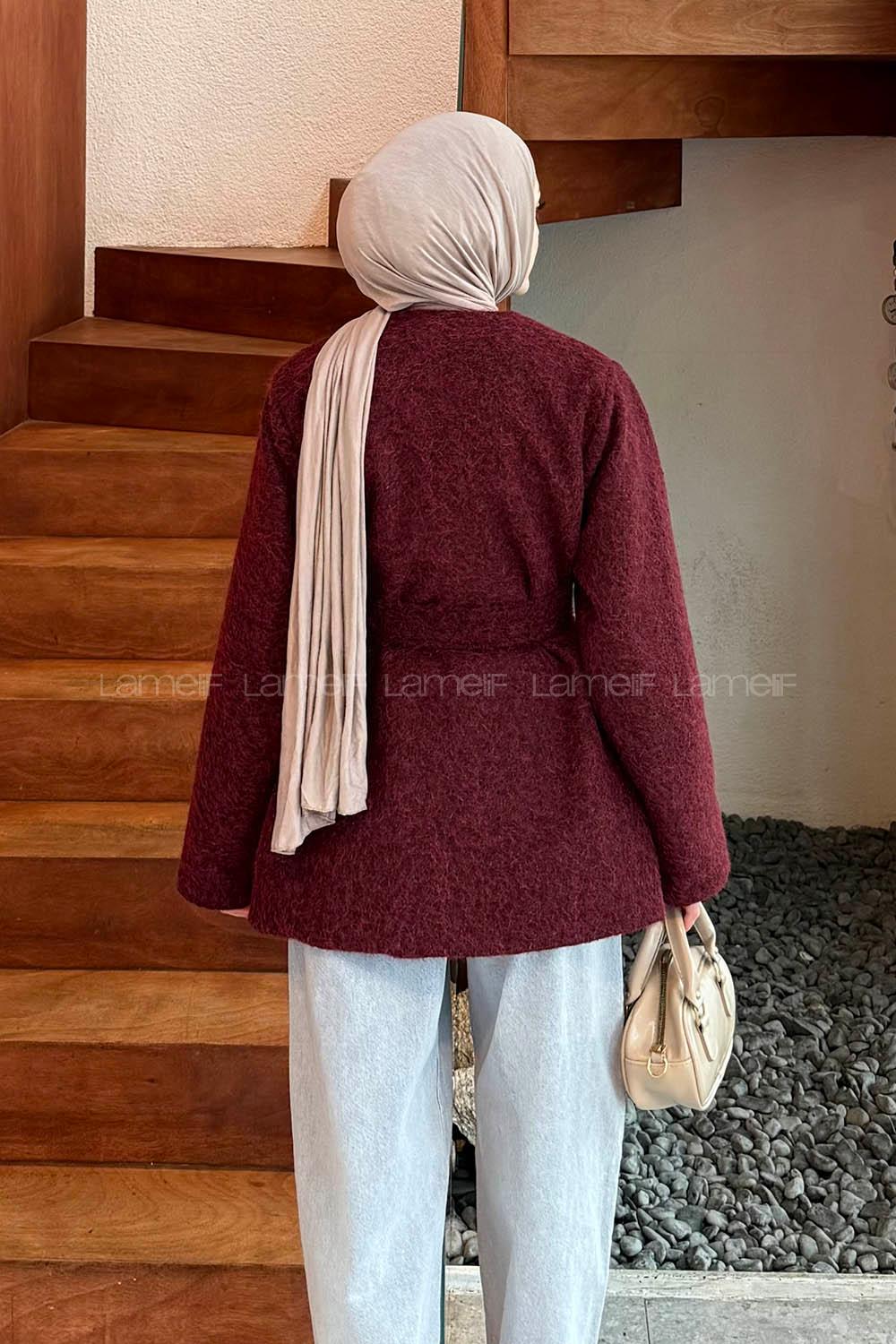 Lamelif Bağlama Detaylı Gold Düğmeli Kaban Bordo