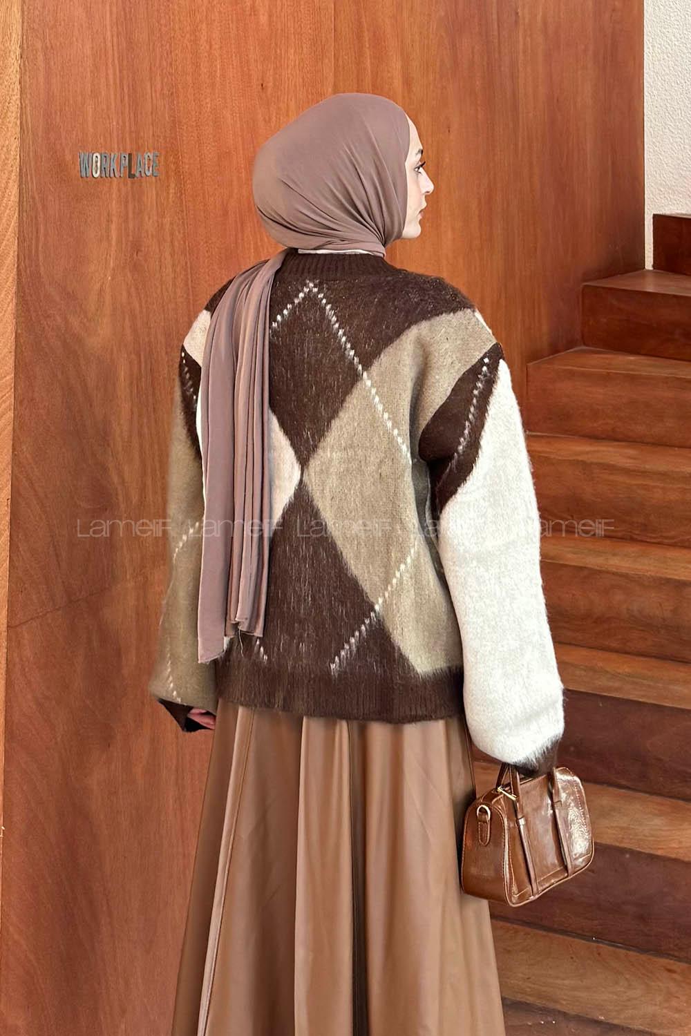 Lamelif Baklava Desen Kazak Kahverengi