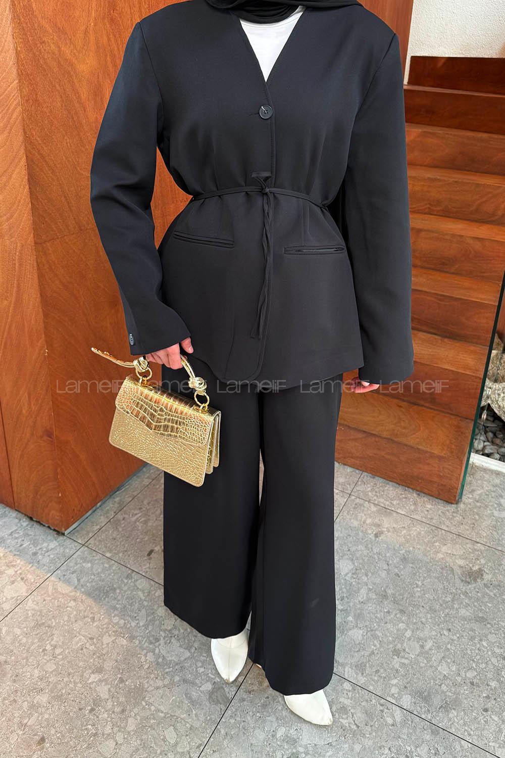 Lamelif Bel Kuşaklı Ceket Pantolon İkili Tesettür Takım Siyah
