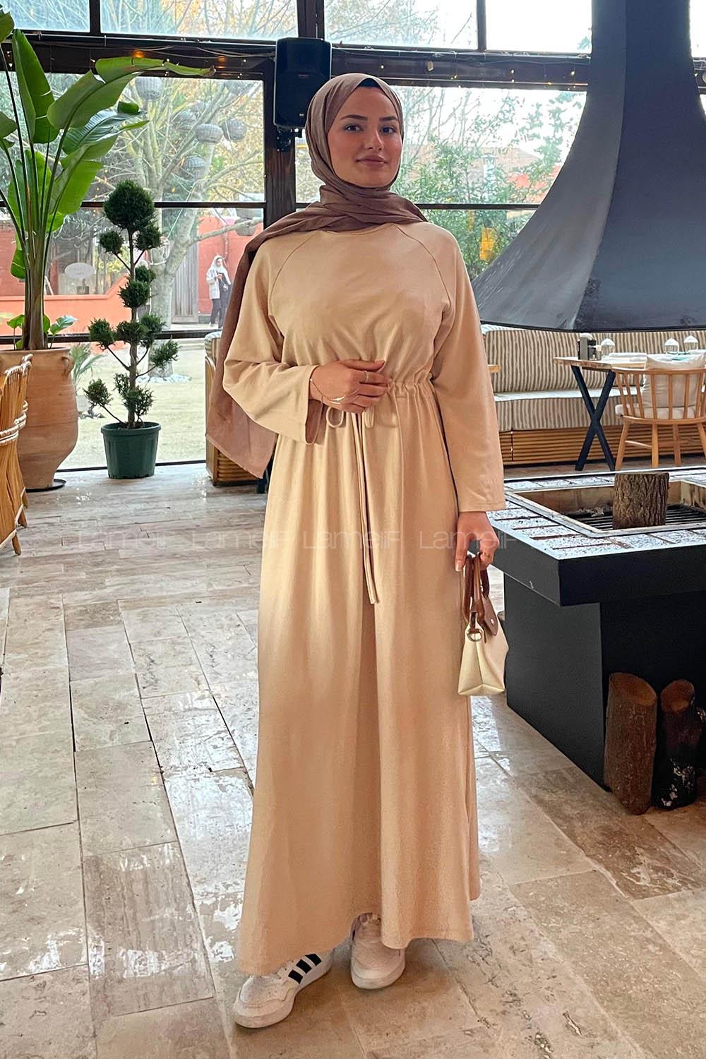 Lamelif Bel Tünel Detaylı Elbise Bej