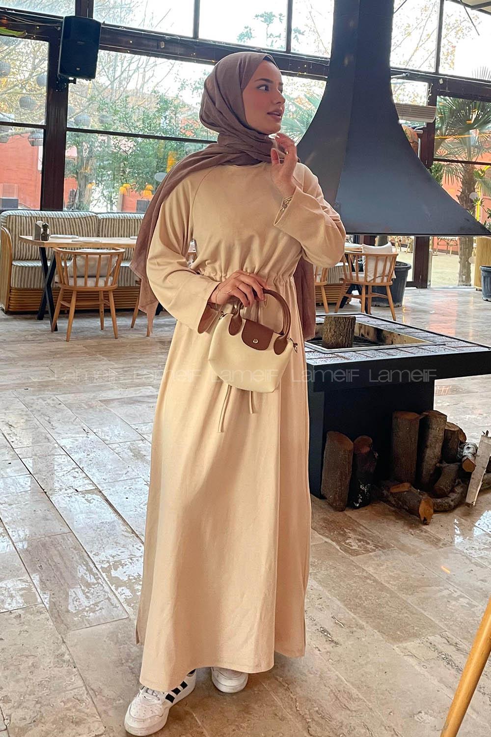 Lamelif Bel Tünel Detaylı Elbise Bej