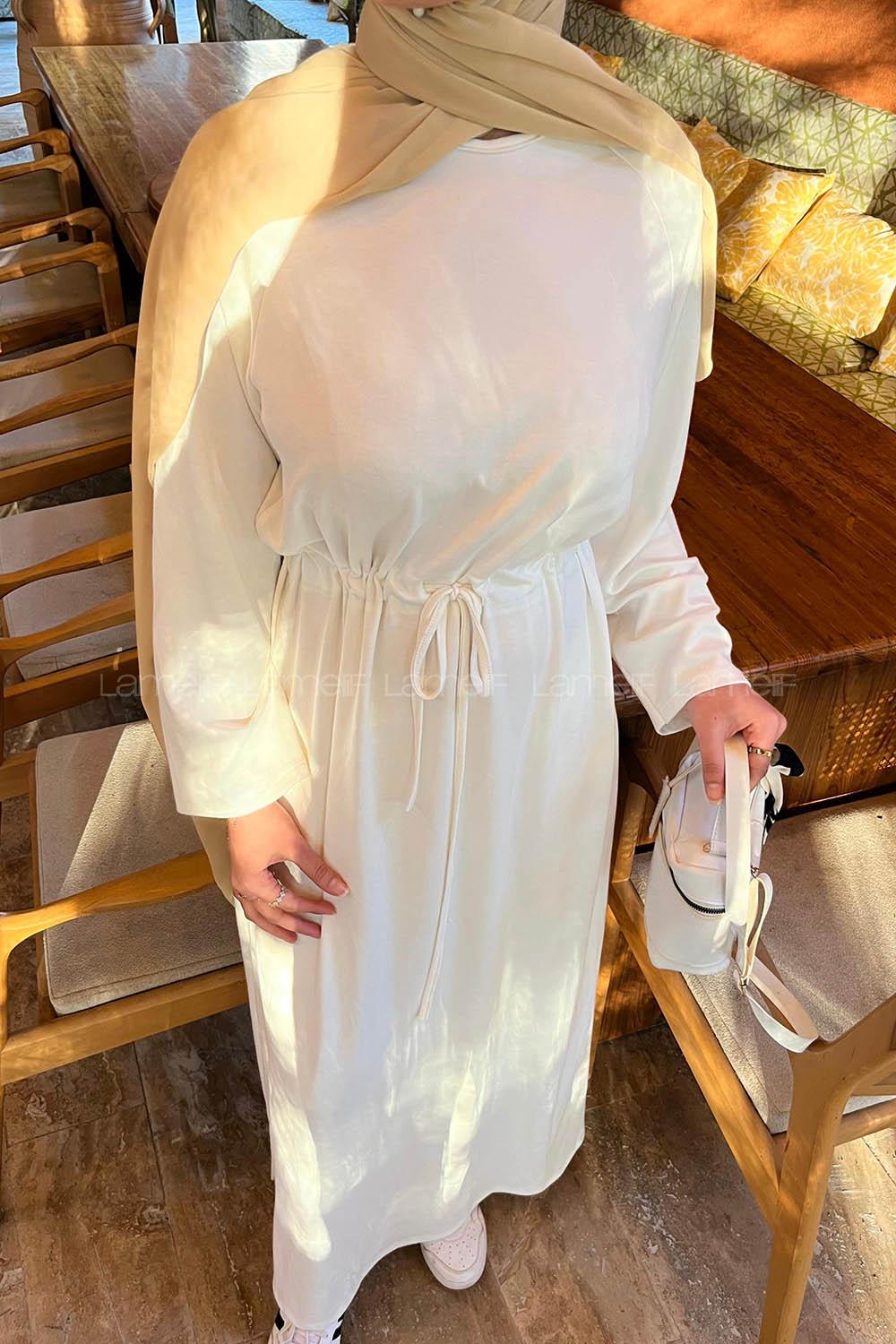 Lamelif Bel Tünel Detaylı Elbise Ekru