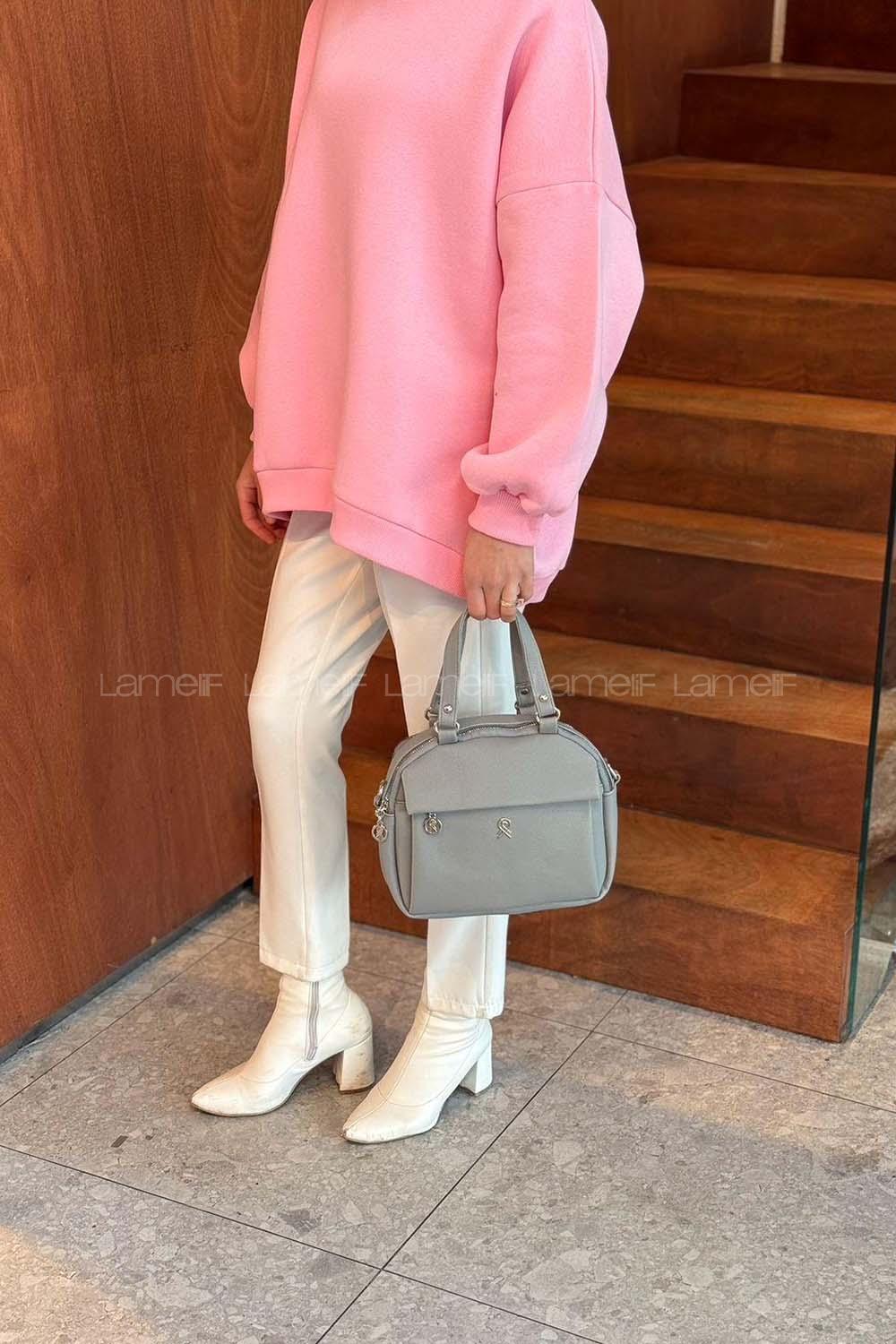Gray With Zipper Skin Hand Bag Bag
