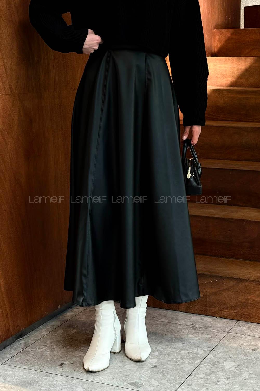 Lamelif Deri Etek Siyah