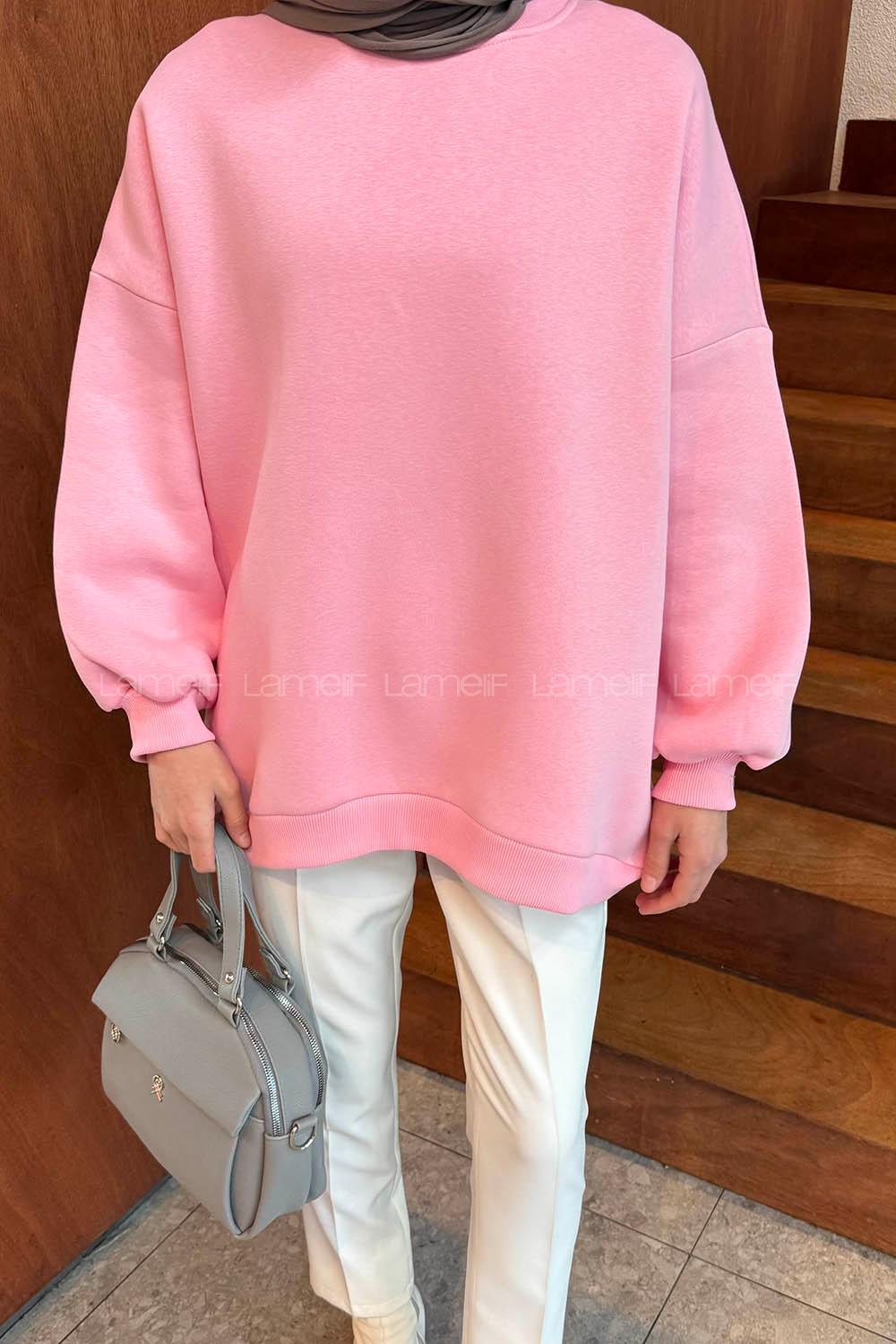 Candy Pink Crew Neck Long Arm Unprinted Sweatshirt
