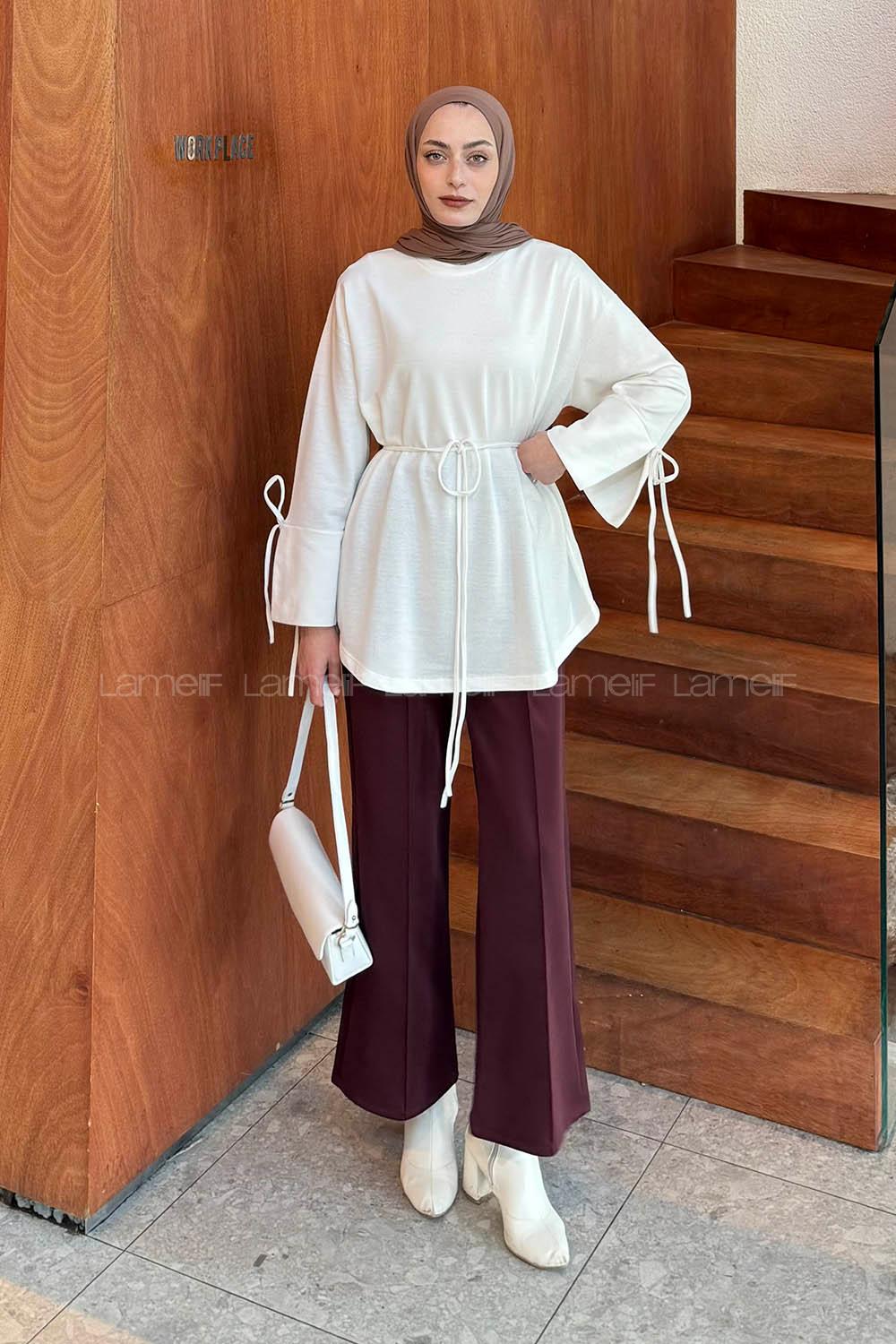 Lamelif Kol Biyeli Sweat Beyaz