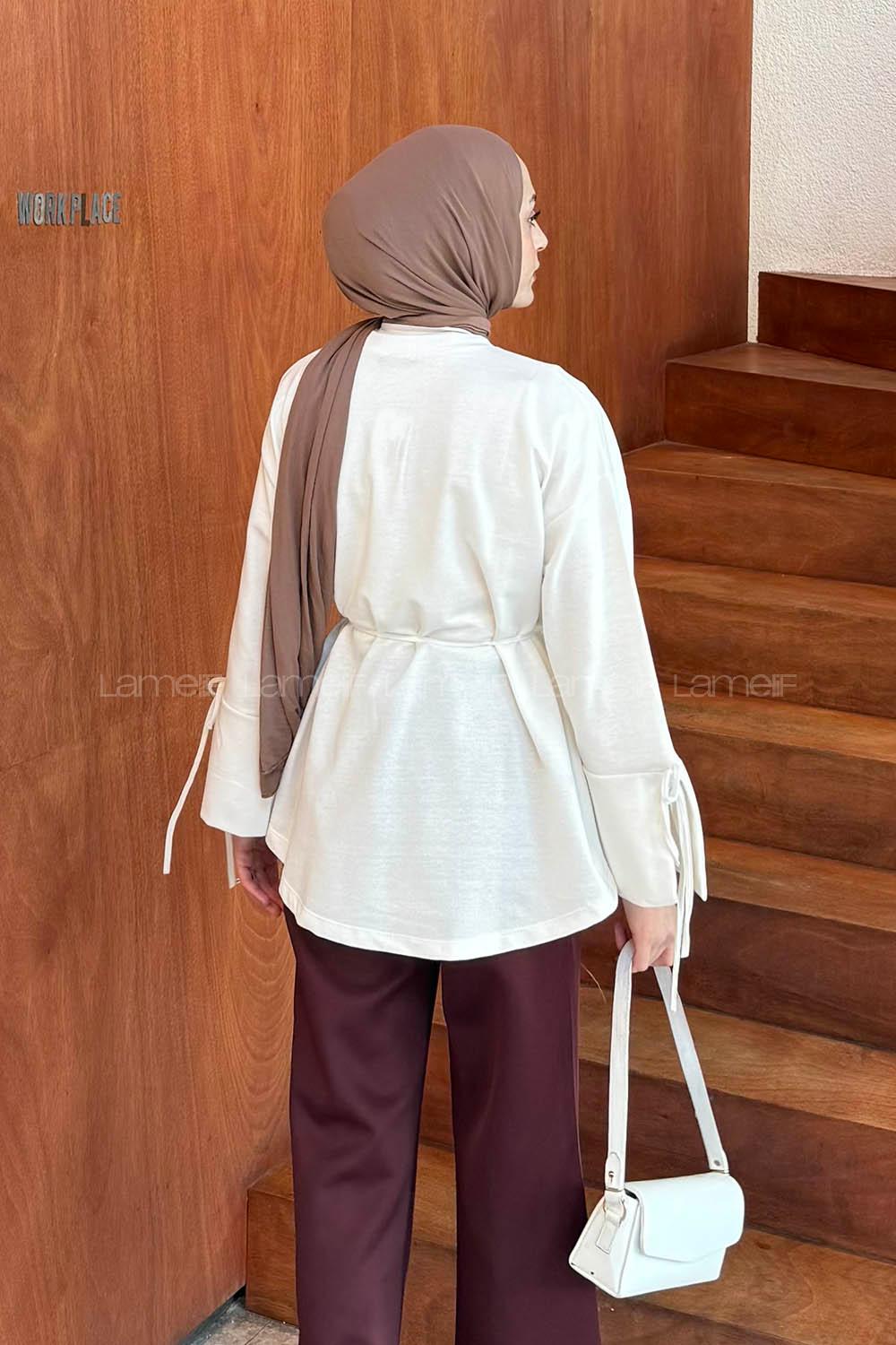 Lamelif Kol Biyeli Sweat Beyaz