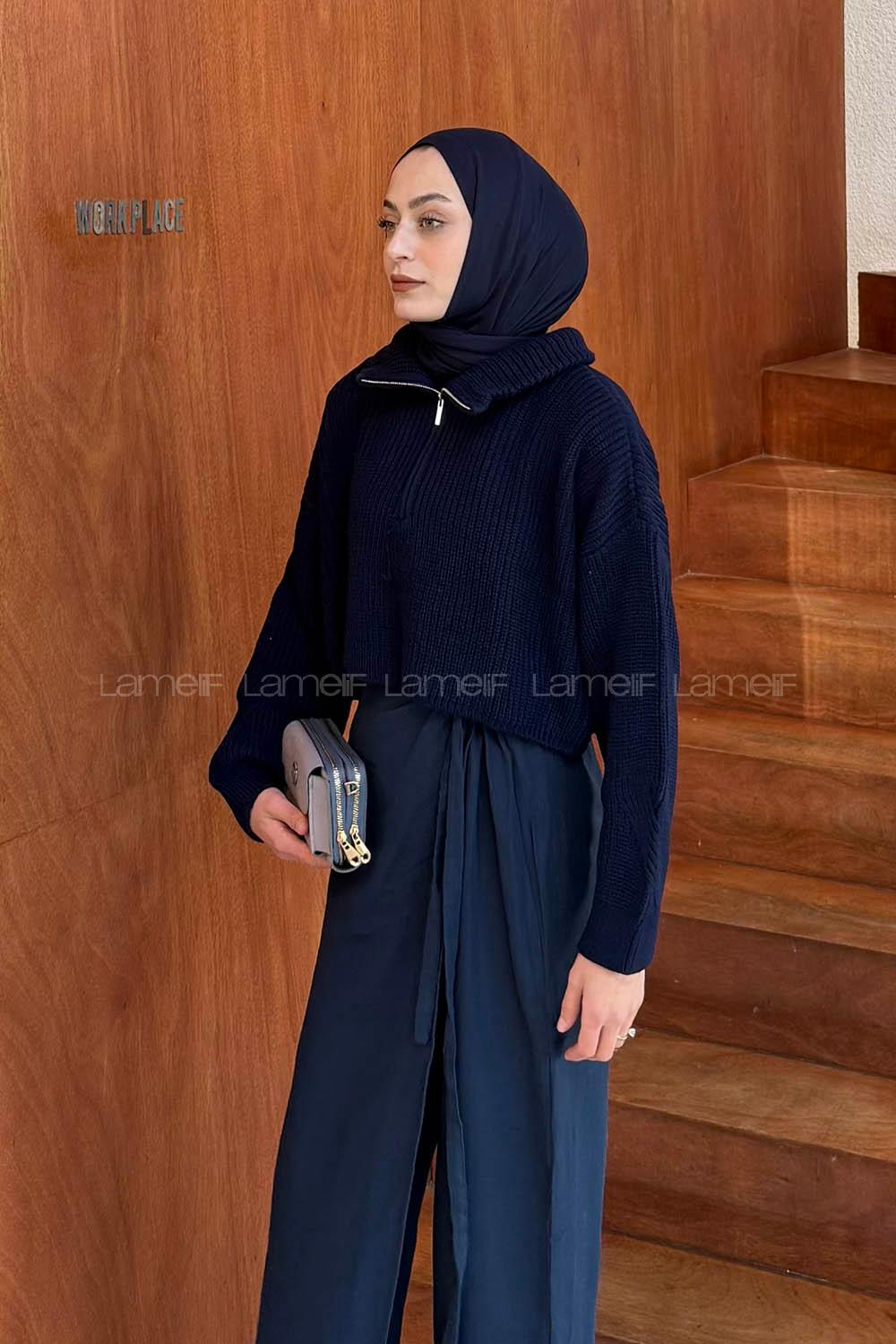 Lamelif Yaka Fermuarlı Crop Triko Kazak Lacivet