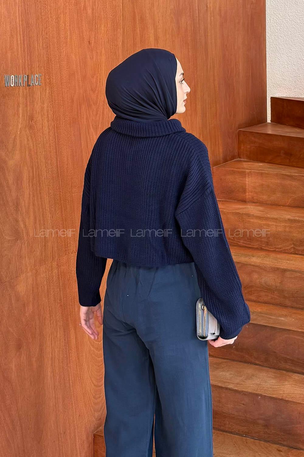 Lamelif Yaka Fermuarlı Crop Triko Kazak Lacivet