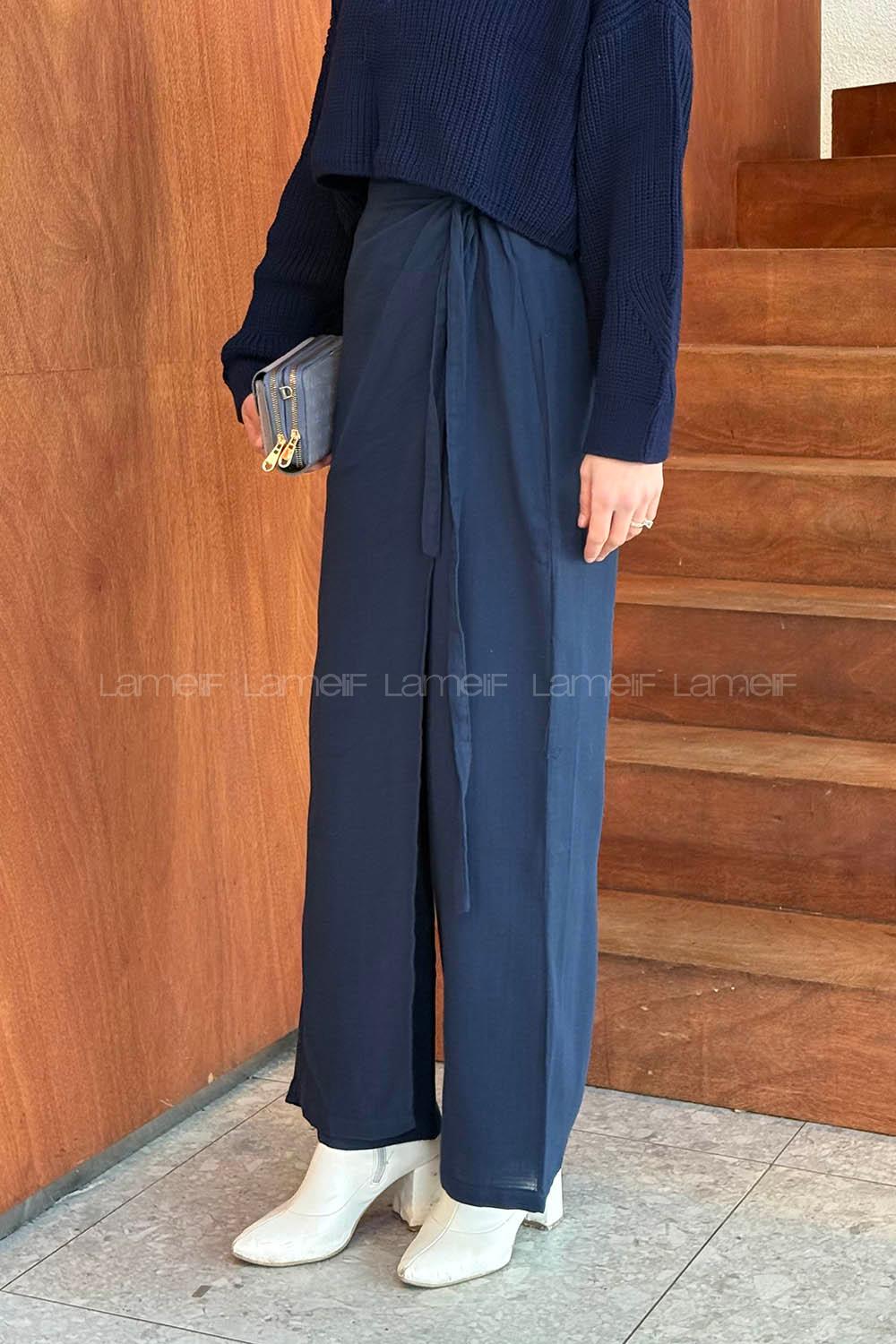 Lamelif Yandan Bağlamalı Pantolon Lacivert
