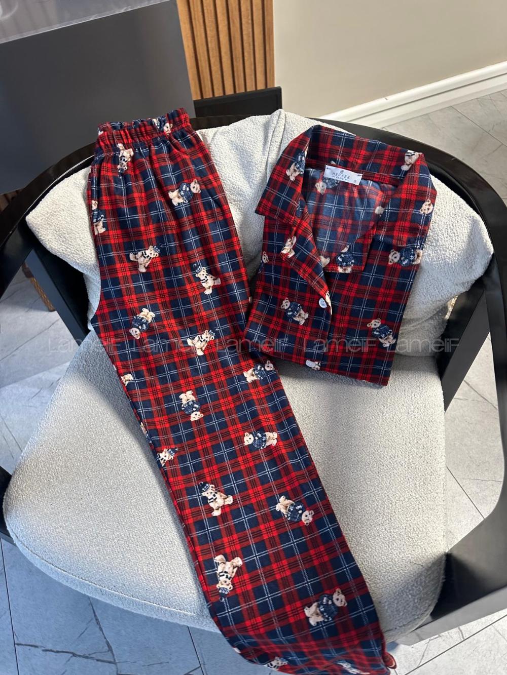 Lamelif Ekose Desen Ayıcıklı Pijama Takımı