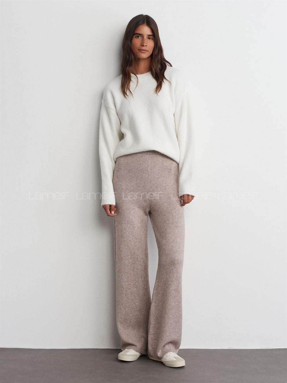 Lamelif 10640 Bisiklet Yaka Yumuşak Dokulu Kazak-Ekru