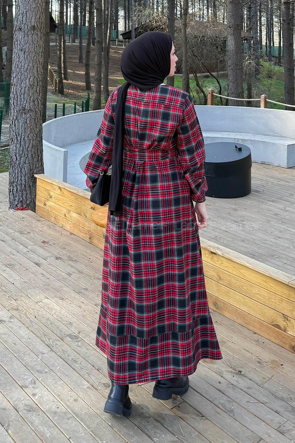 Lamelif Ekose Desen Elbise Bordo