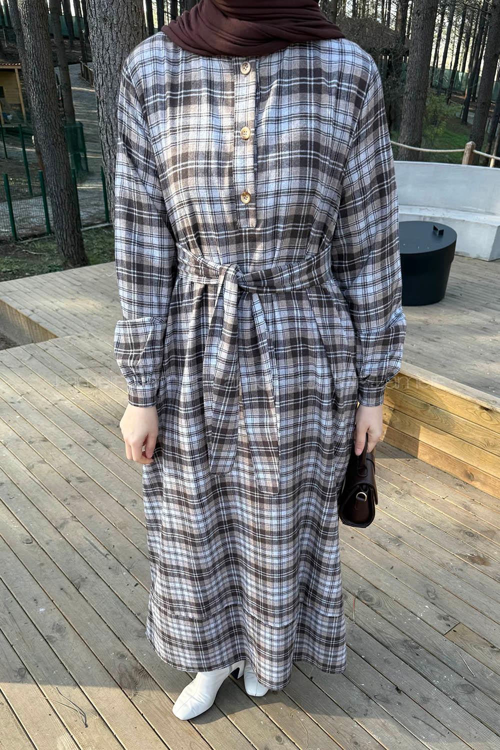 Lamelif Ekose Desen Elbise Kahve