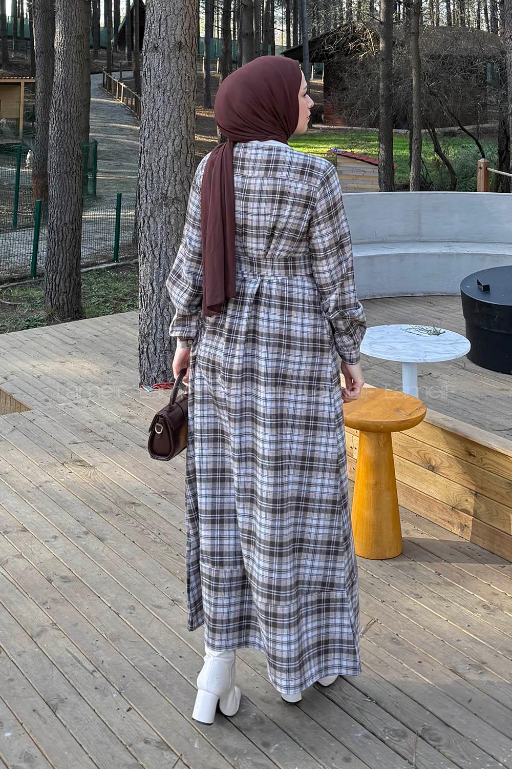 Lamelif Ekose Desen Elbise Kahve