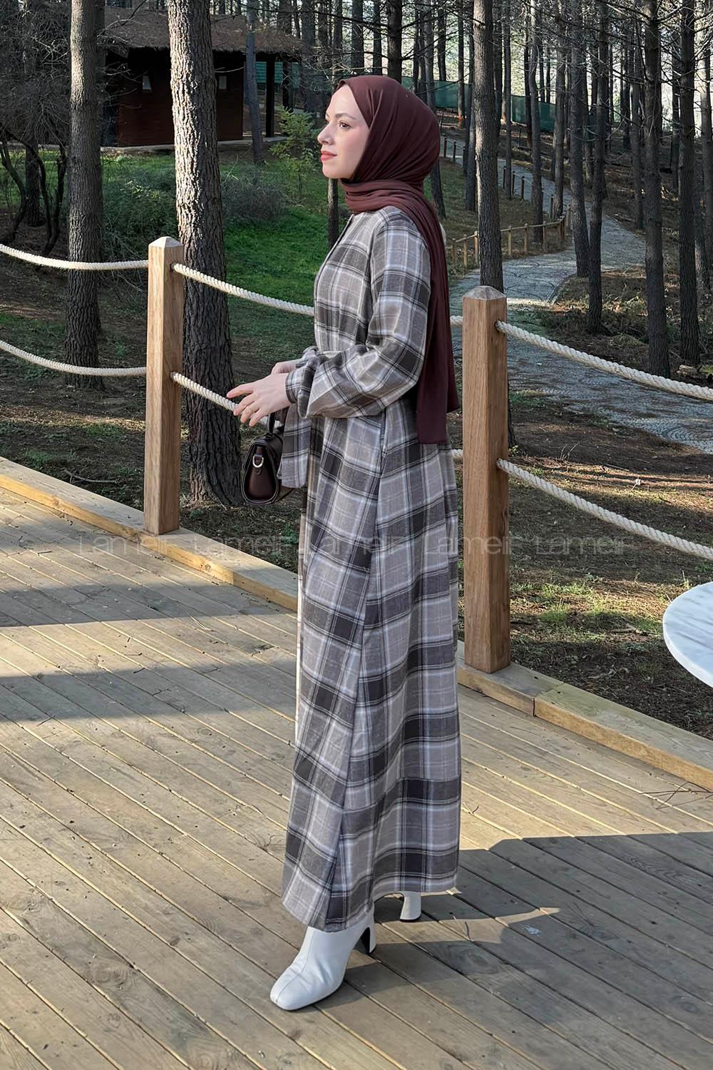 Lamelif Ekose Desen Elbise Vizonrengi