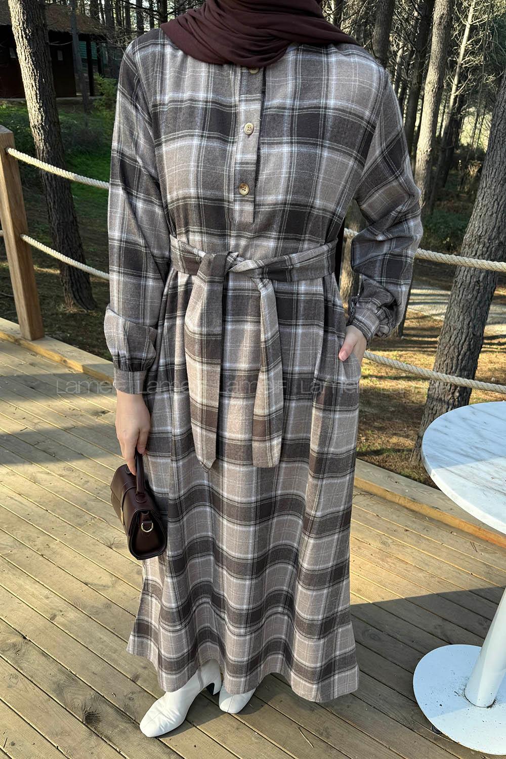 Lamelif Ekose Desen Elbise Vizonrengi