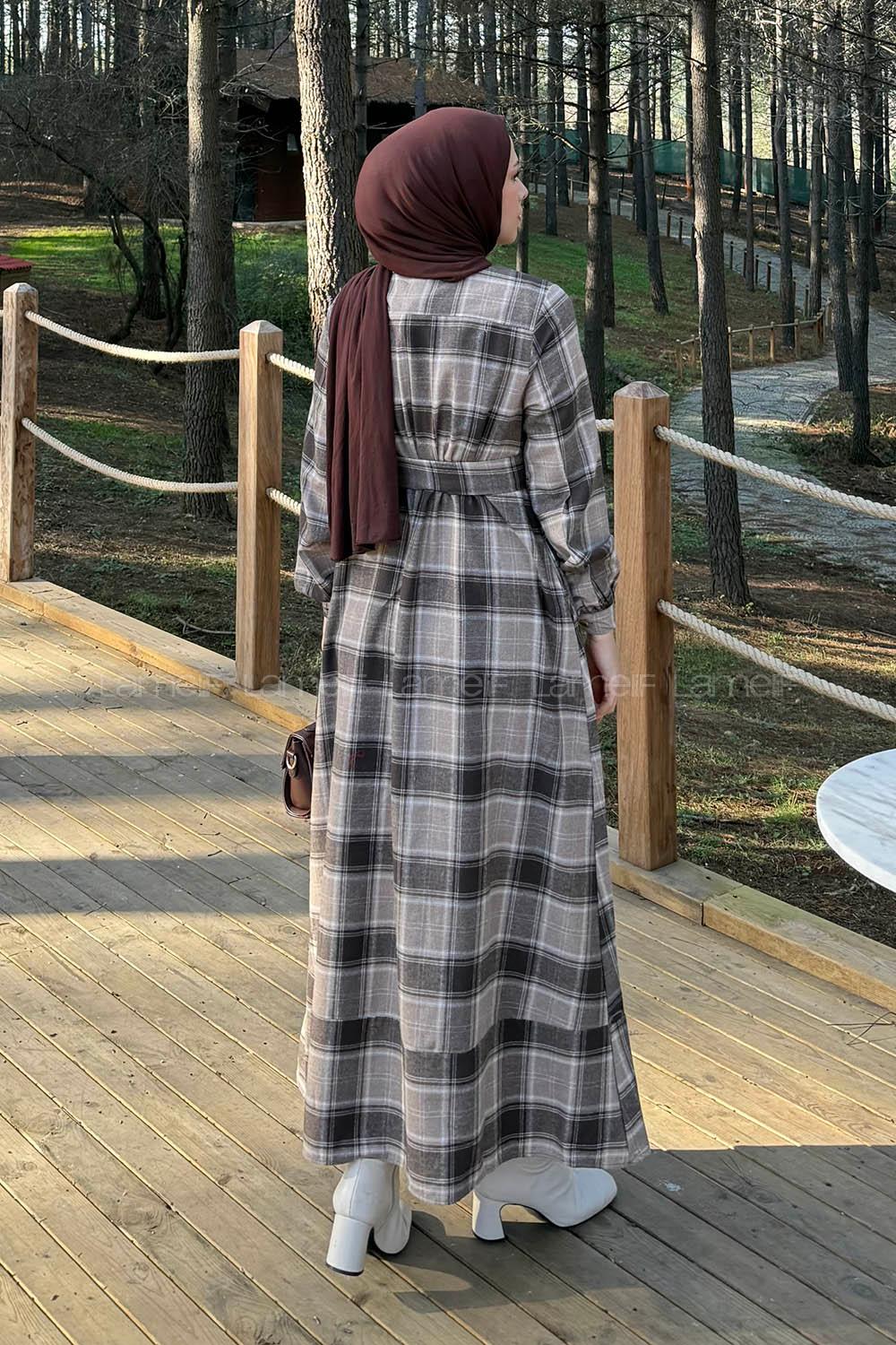 Lamelif Ekose Desen Elbise Vizonrengi