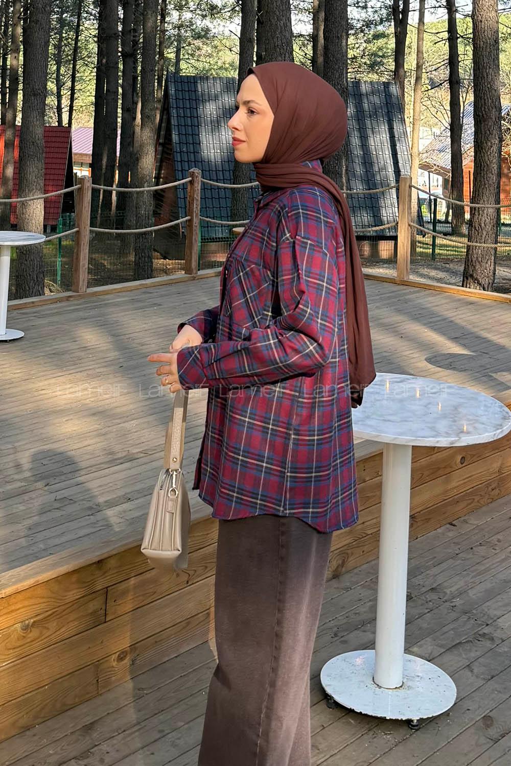 Lamelif Ekose Desen Gömlek Bordo