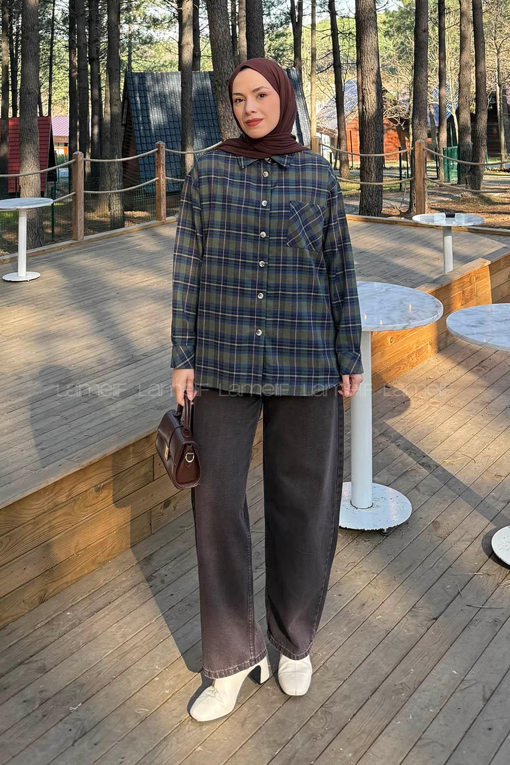 Lamelif Ekose Desen Gömlek Haki