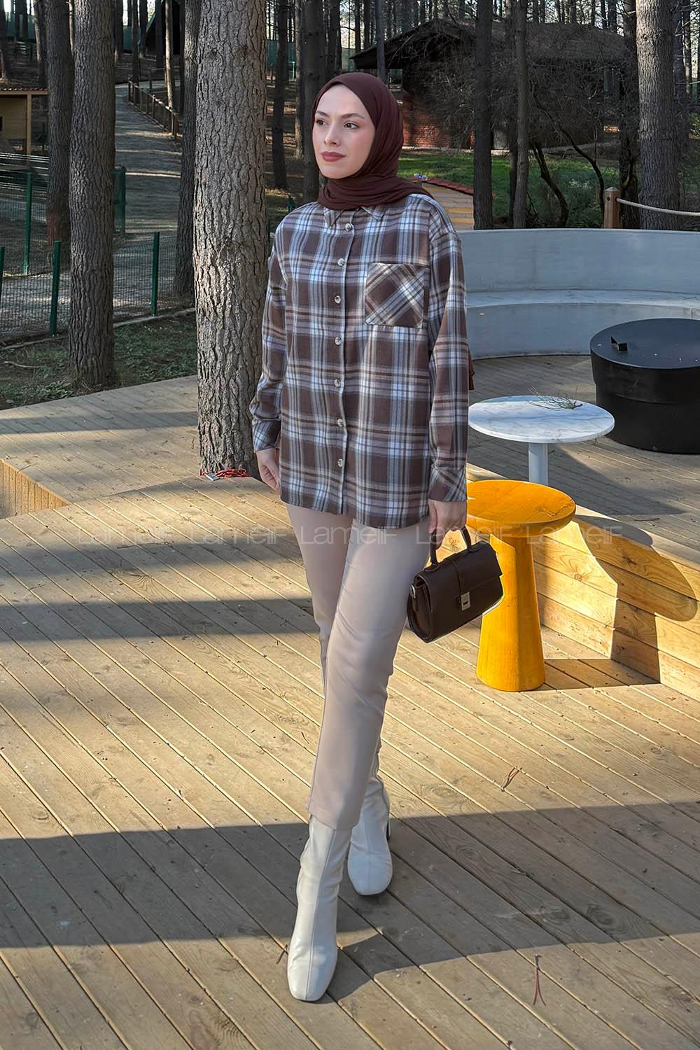 Lamelif Ekose Desen Gömlek Soft Kahve