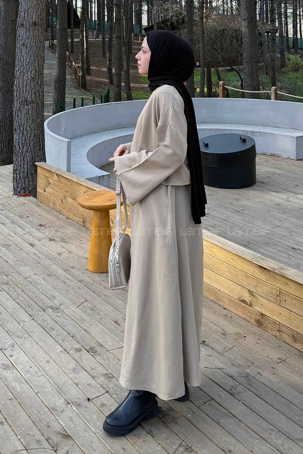 Lamelif Etekli Tesettür Takım Bej