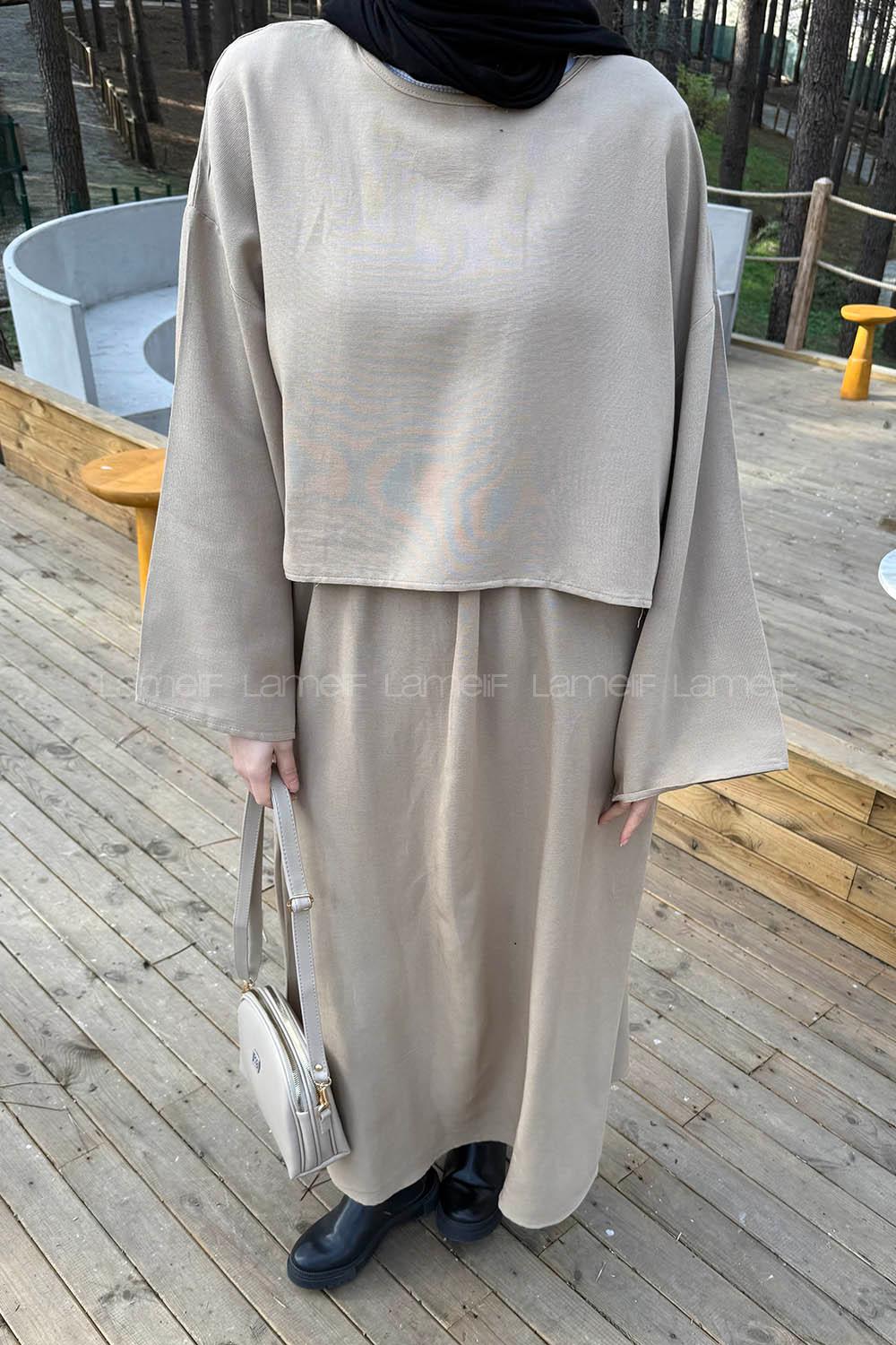 Lamelif Etekli Tesettür Takım Bej