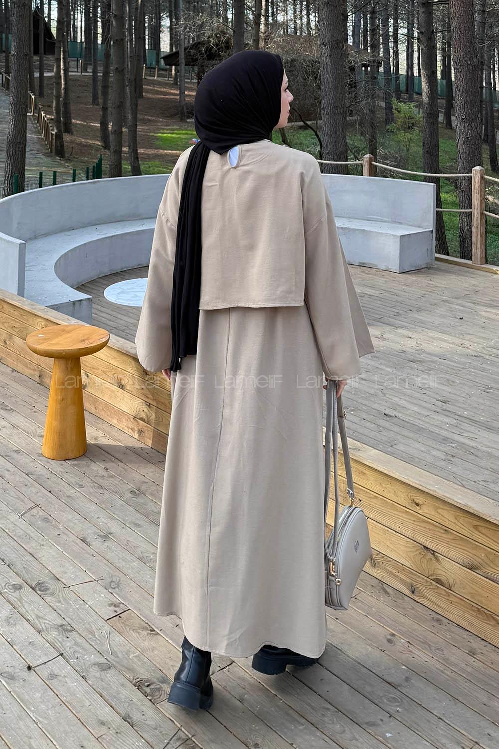Lamelif Etekli Tesettür Takım Bej