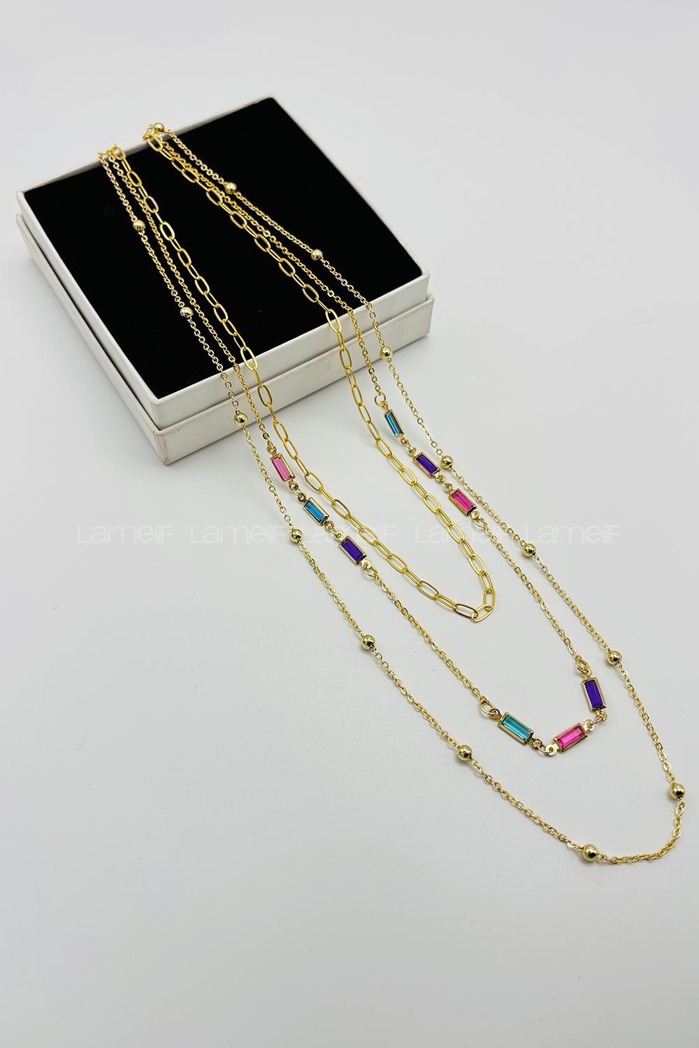 Lamelif Gold 3lü Kombin Renkli Kristal Taşlı Zincir Kolye