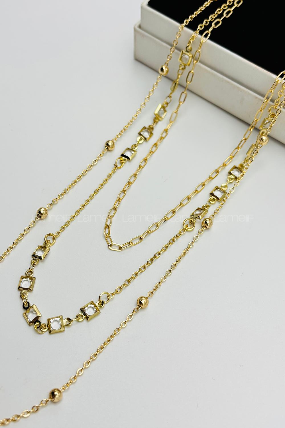 Lamelif Gold 3lü Kristal Taşlı Zincir Kolye