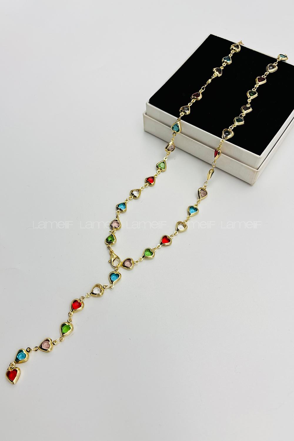 Lamelif Gold Çokrenkli Kalpli Y Kolye