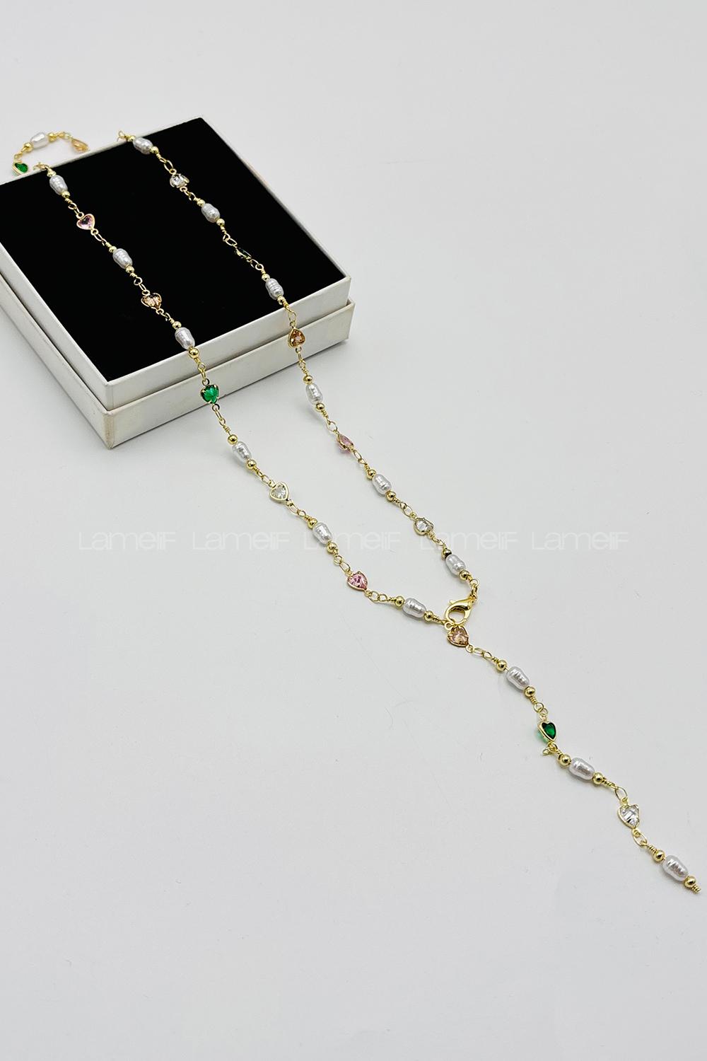 Lamelif Gold İnci Ve Kalpli  Y Kolye