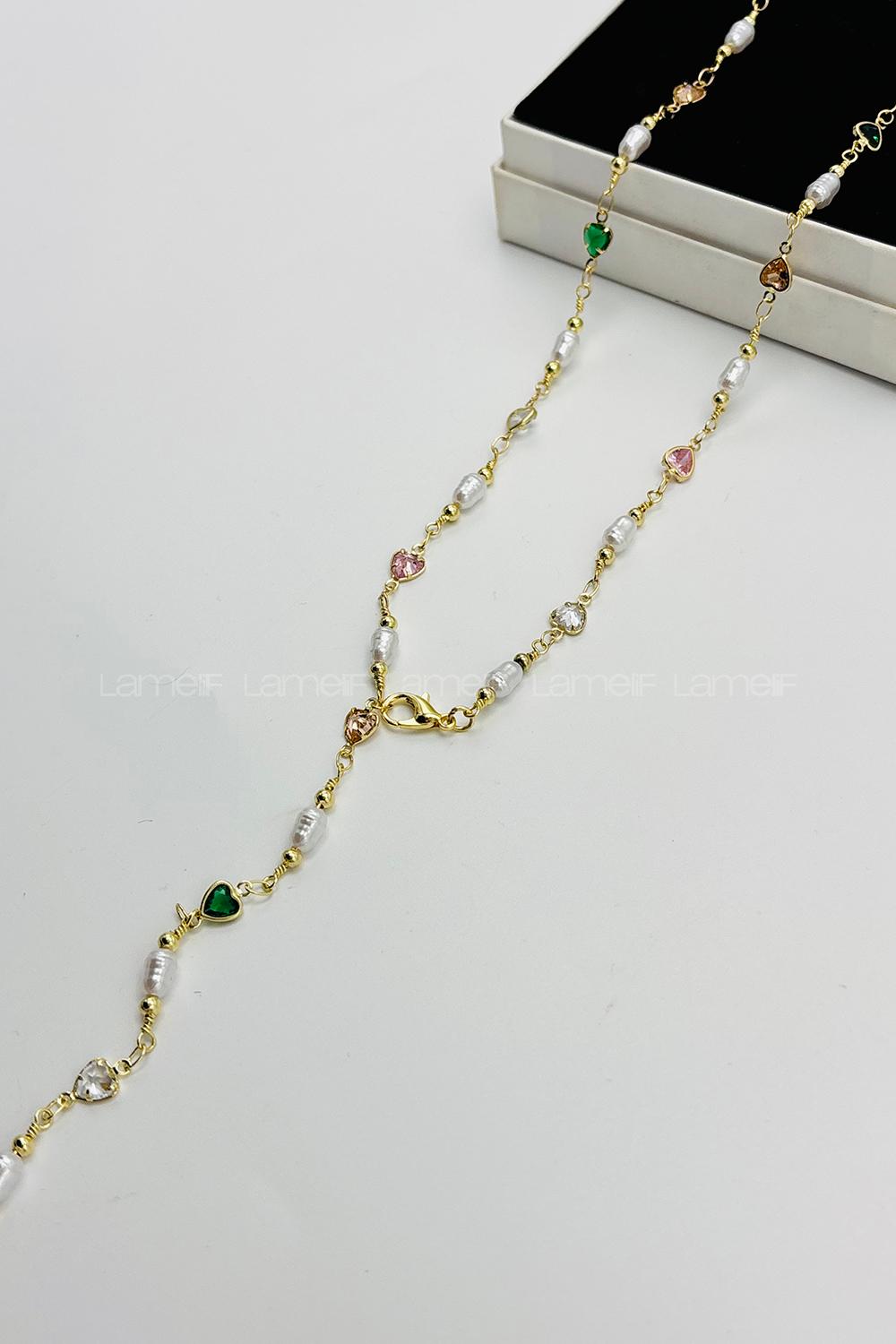 Lamelif Gold İnci Ve Kalpli  Y Kolye