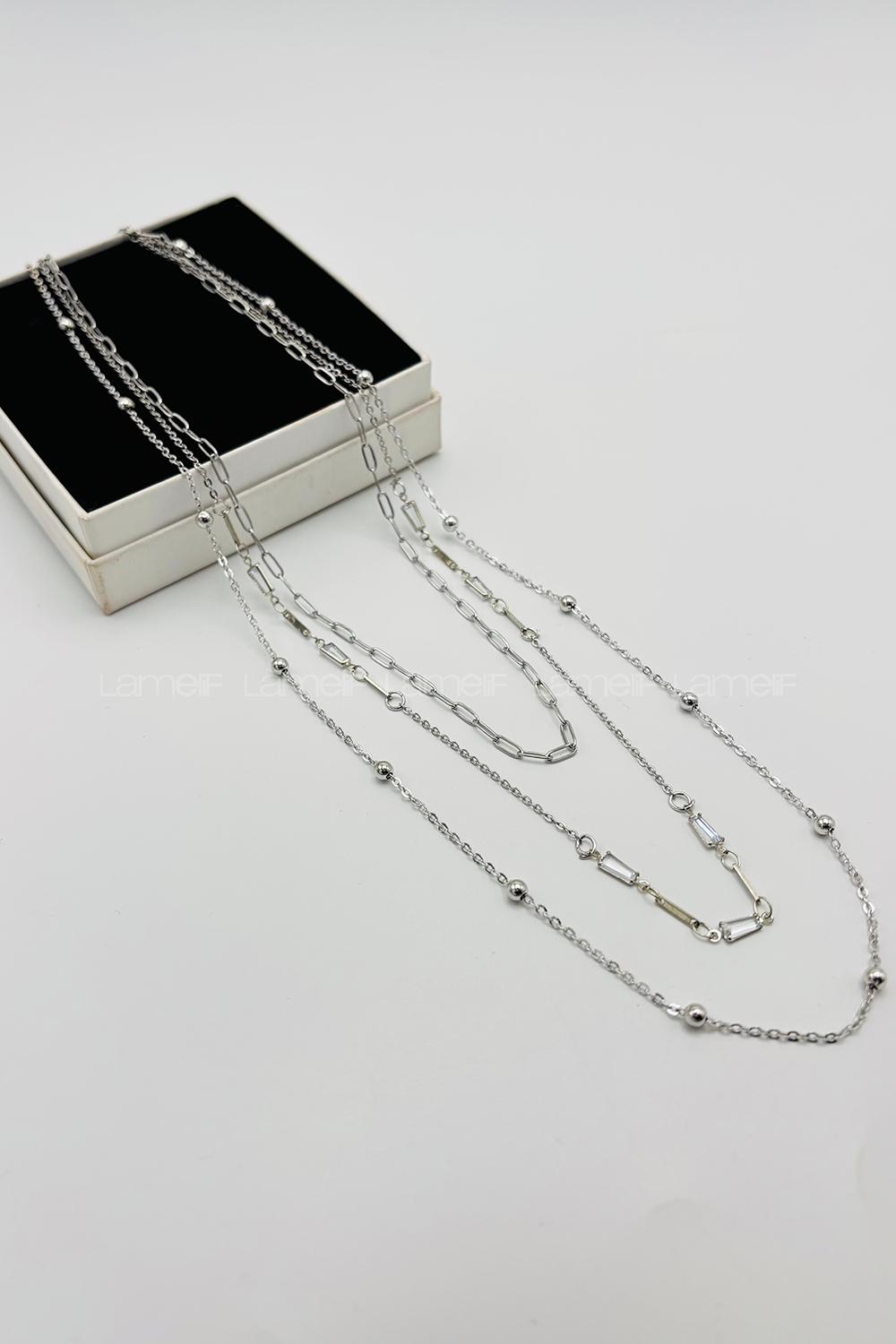 Lamelif Gümüş 3lü Kombin Dorika Boncuklu Zincir Kolye