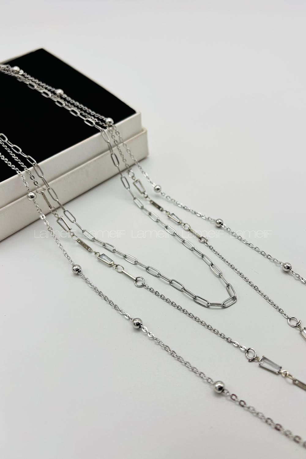 Lamelif Gümüş 3lü Kombin Dorika Boncuklu Zincir Kolye