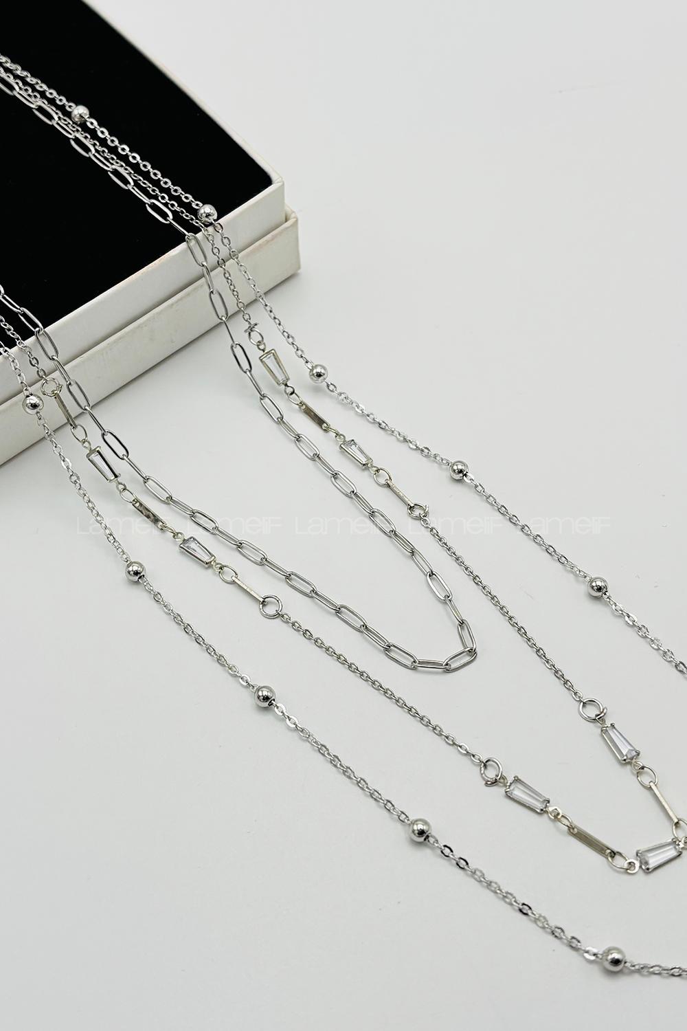 Lamelif Gümüş 3lü Kombin Dorika Boncuklu Zincir Kolye