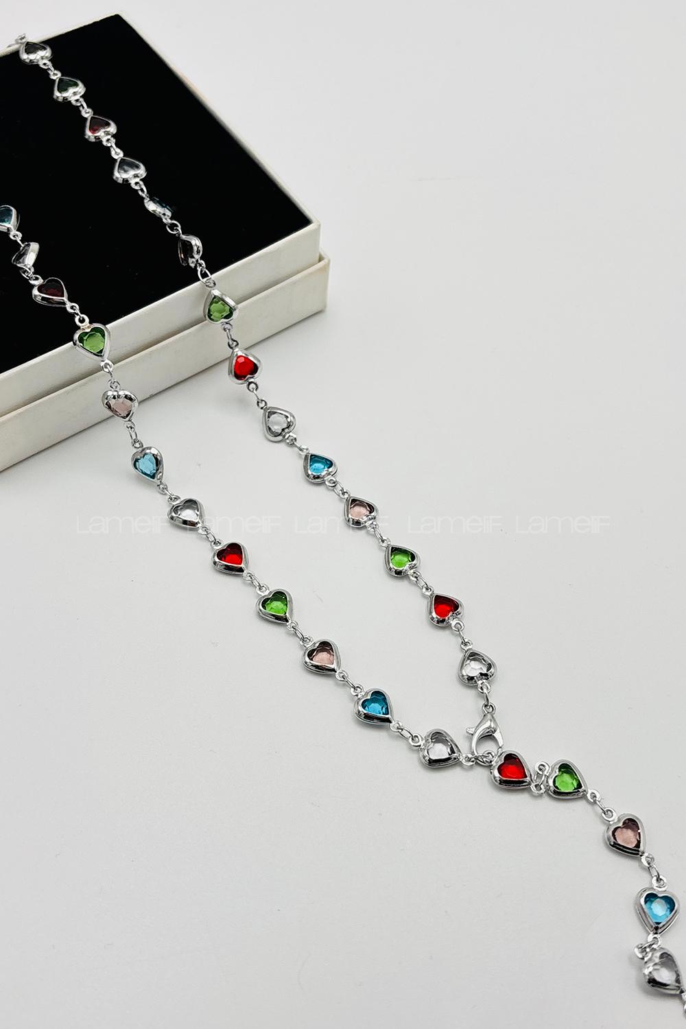 Lamelif Gümüş Çokrenkli Kalpli Y Kolye