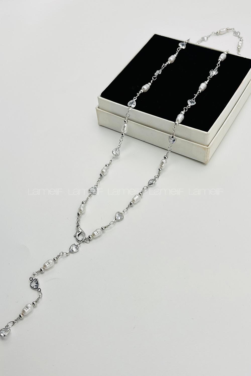 Lamelif Gümüş İnci Ve Kalpli  Y Kolye