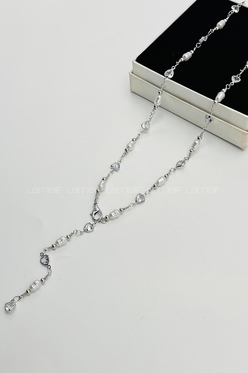 Lamelif Gümüş İnci Ve Kalpli  Y Kolye