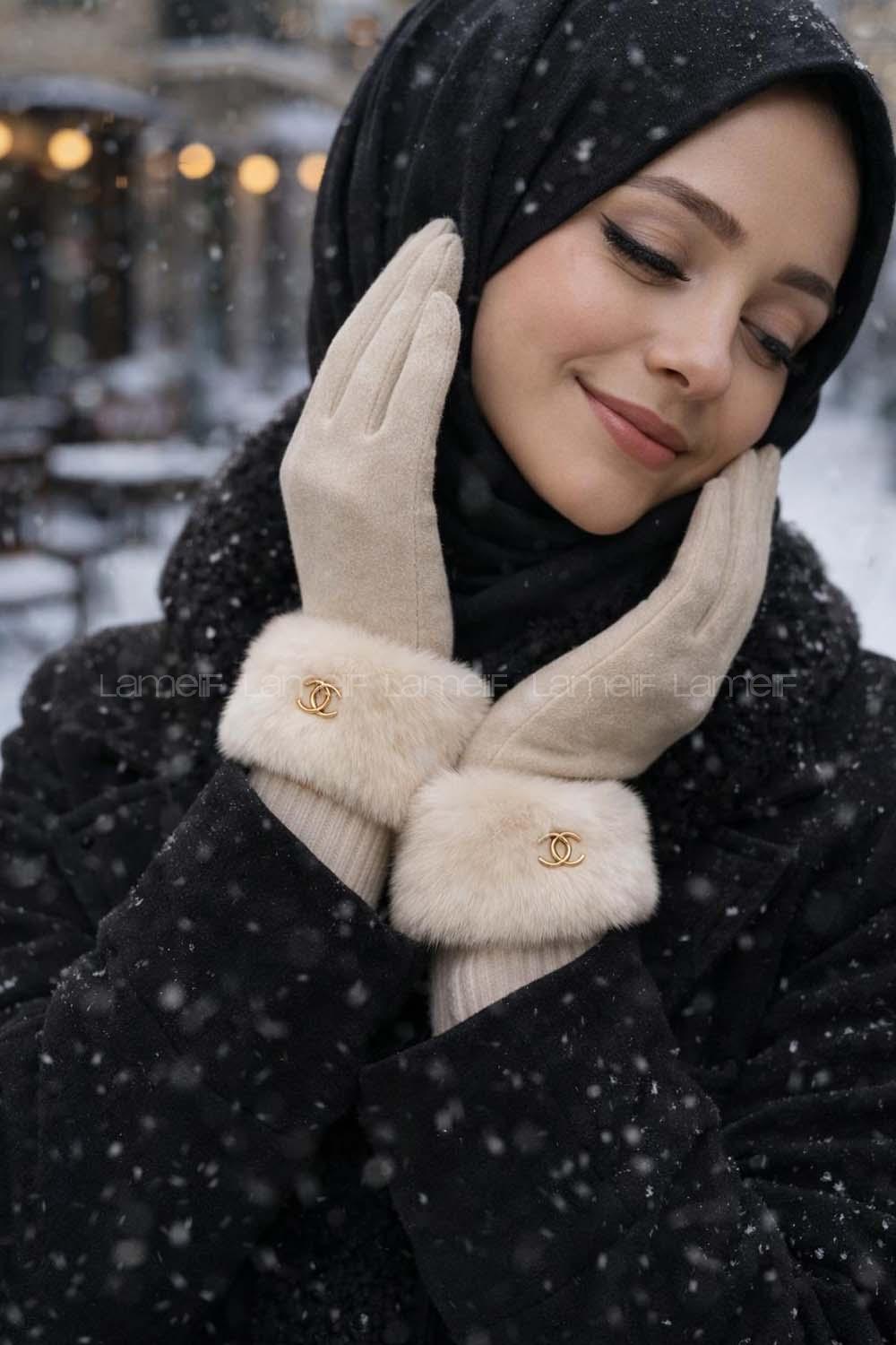 Lamelif Kadın Bileği Kürklü Dokunmatik Özellikli Eldiven Taş 