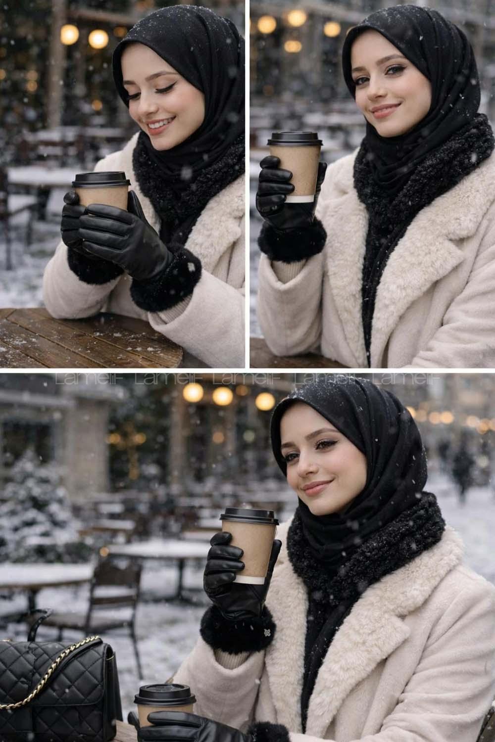 Lamelif Kadın Deri Zarif Dikişli Kürklü Eldiven Siyah