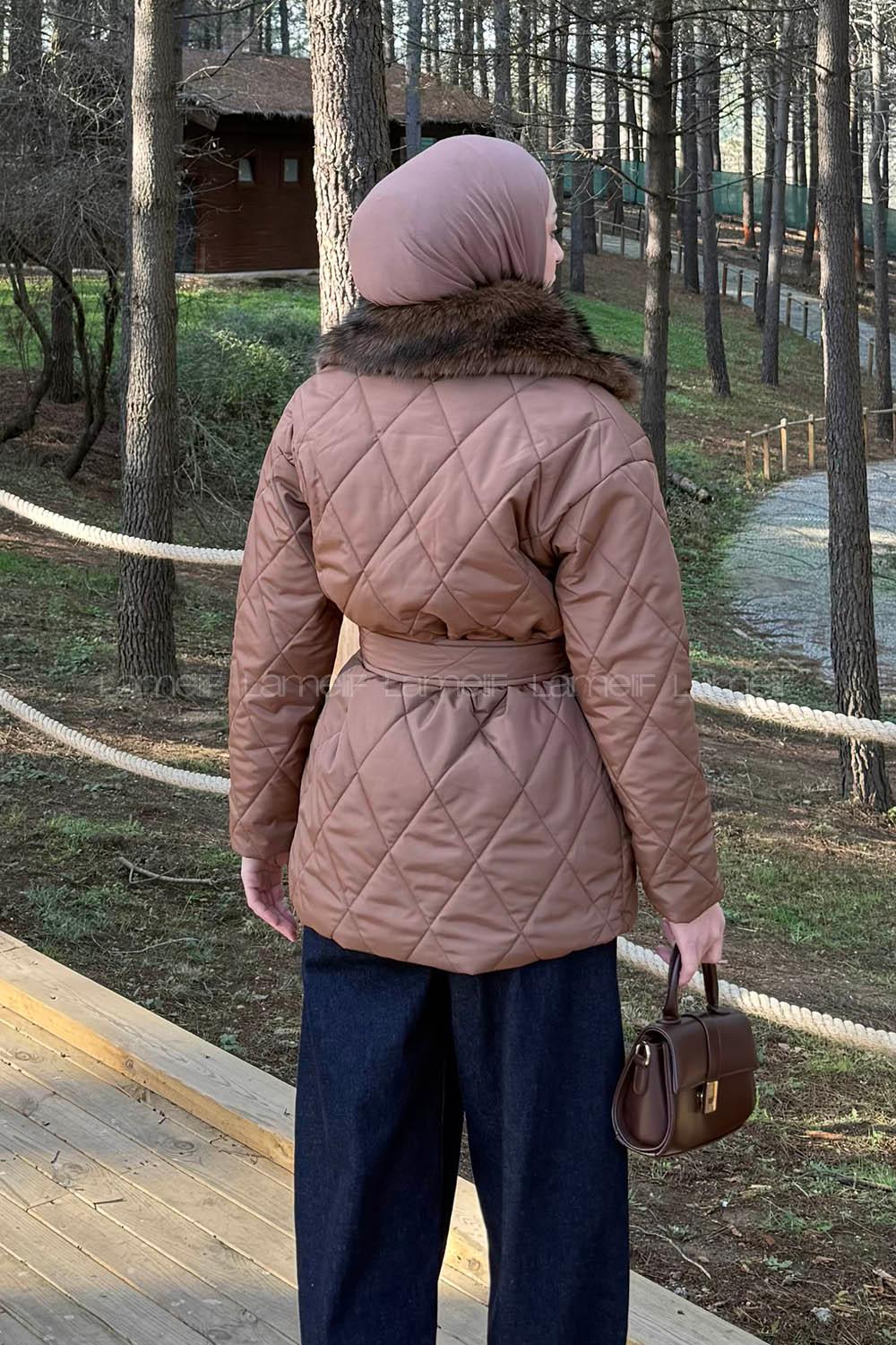 Lamelif Kürk Yaka Bağlama Detaylı Mont Kahve