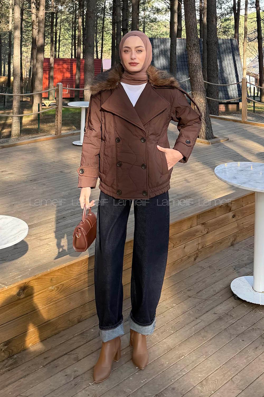 Lamelif Kürk Yaka Düğmeli Mont Kahve