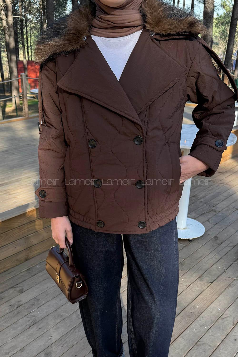 Lamelif Kürk Yaka Düğmeli Mont Kahve