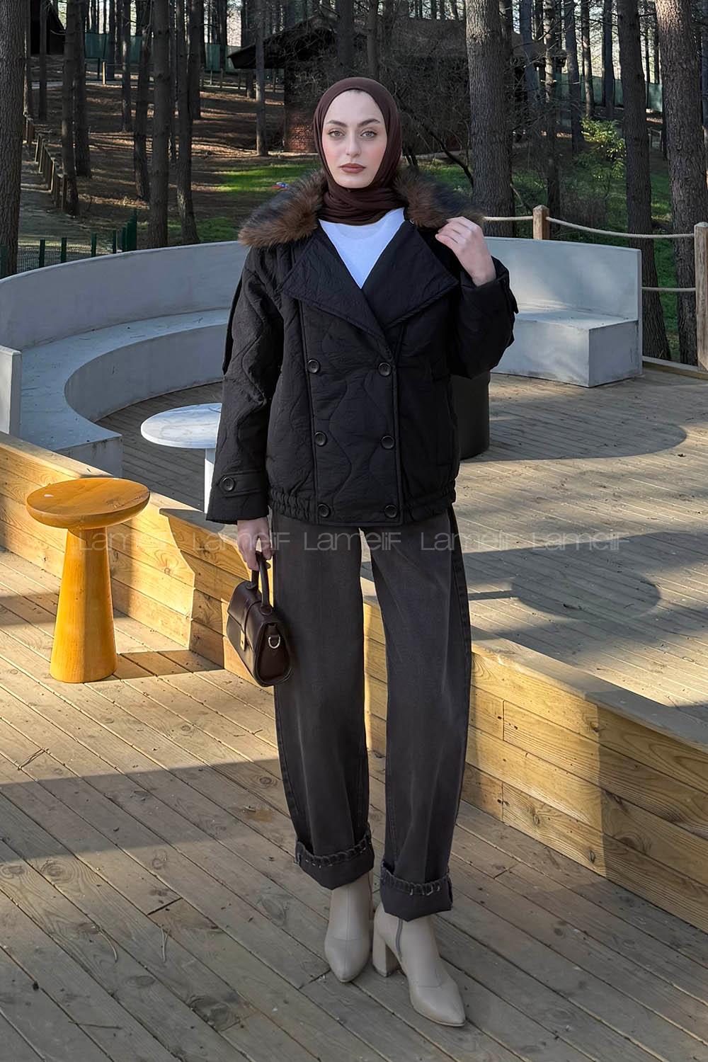 Lamelif Kürk Yaka Düğmeli Mont Siyah