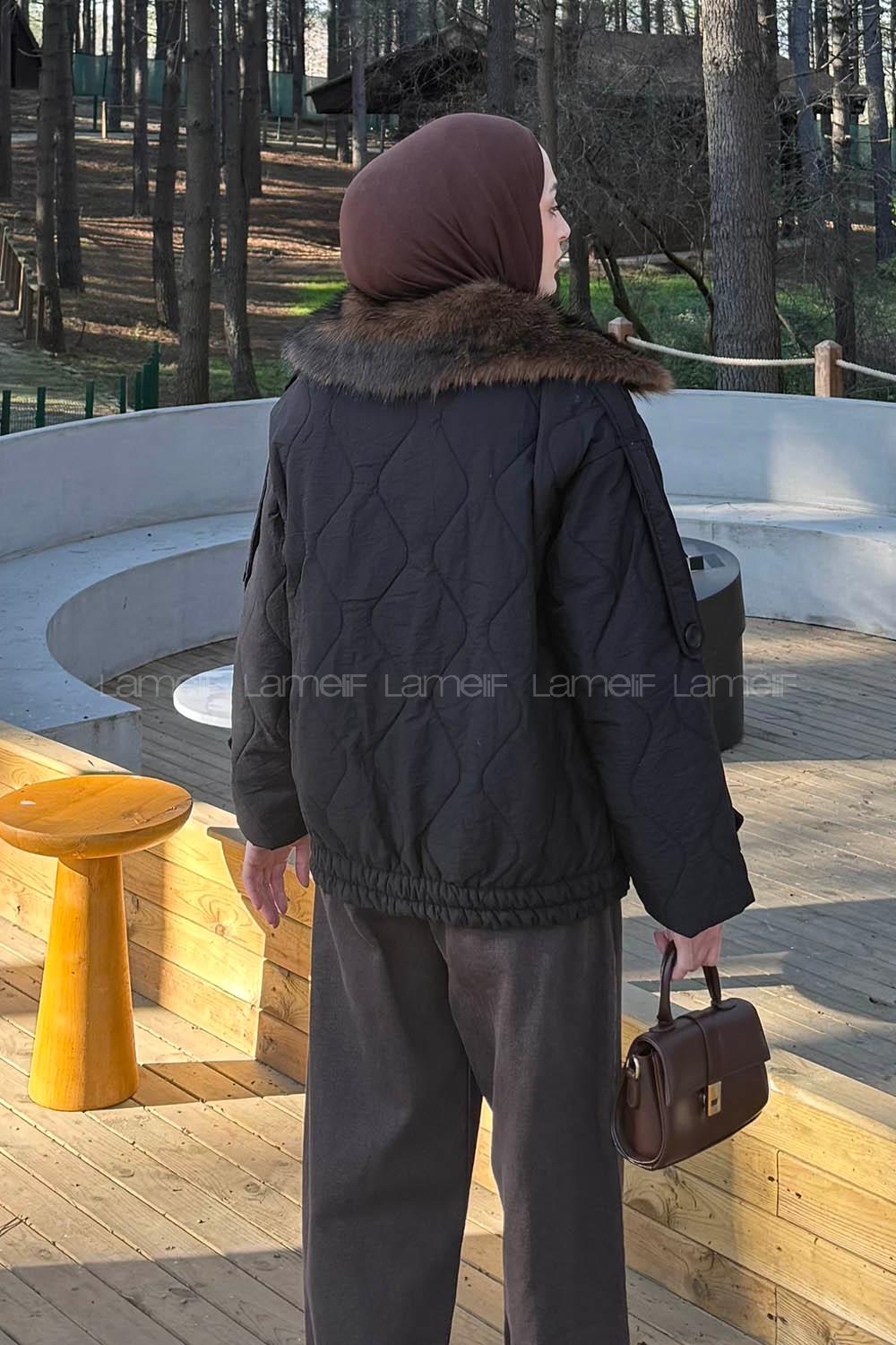 Lamelif Kürk Yaka Düğmeli Mont Siyah