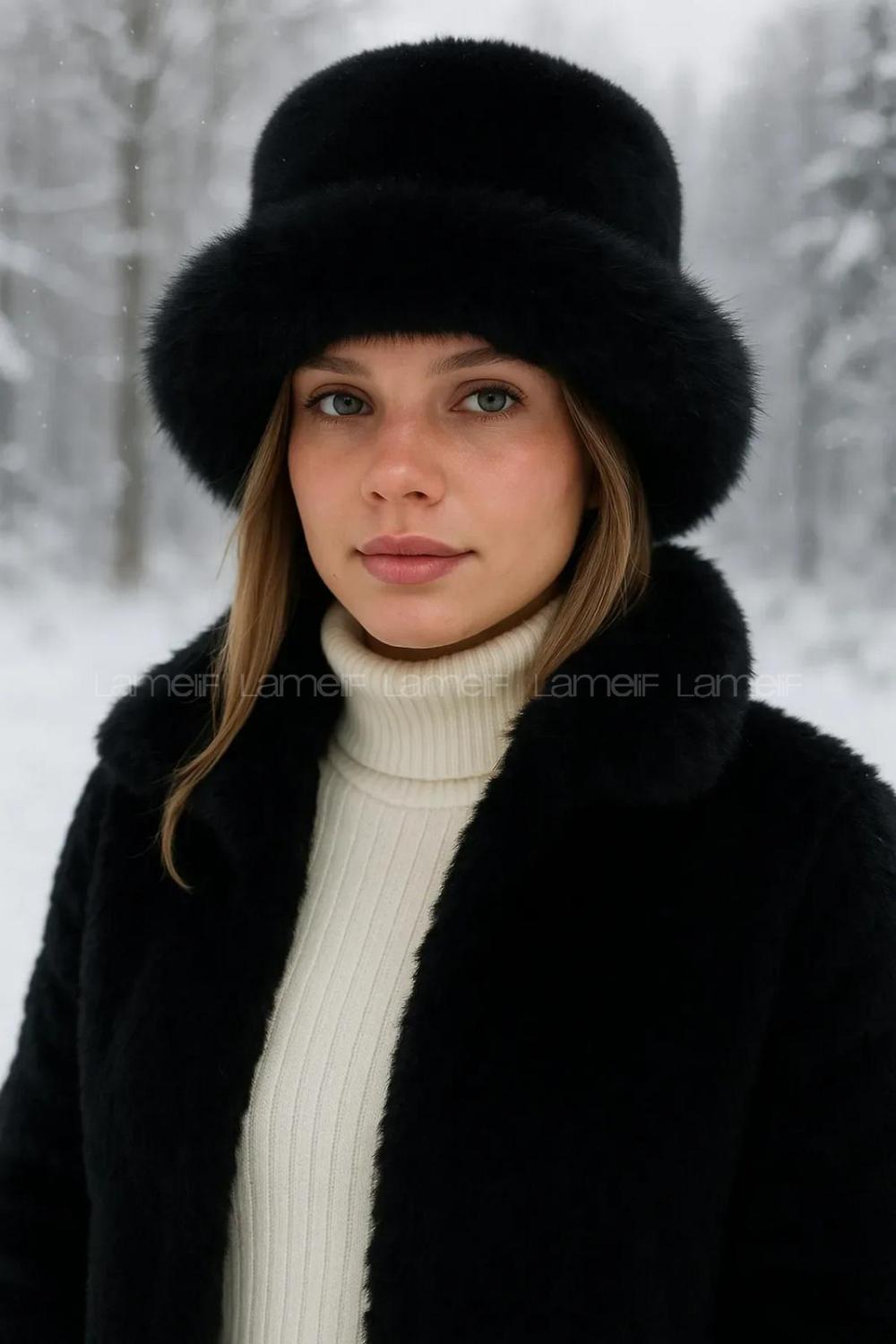 Lameli Siyah Kalın Peluş Kalpak Şapka Bere