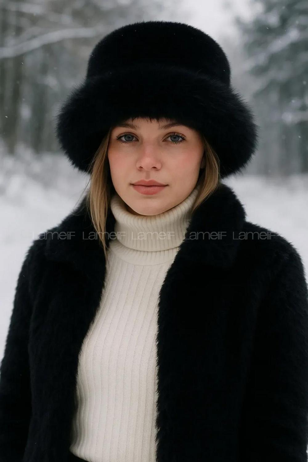 Lameli Siyah Kalın Peluş Kalpak Şapka Bere